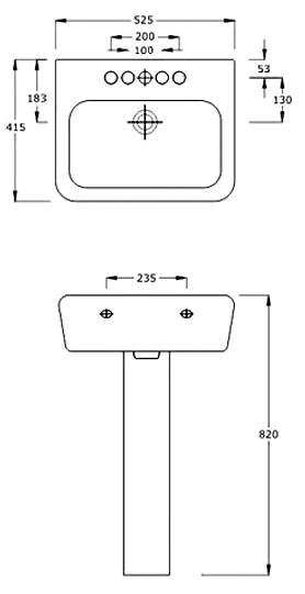 Metropolitan 525 Basin & Pedestal Specification Diagram