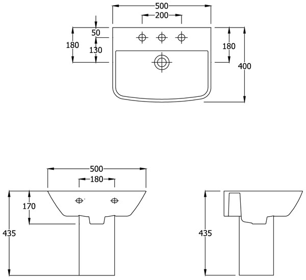 Summit 500 Basin & Half Pedestal Specification Diagram