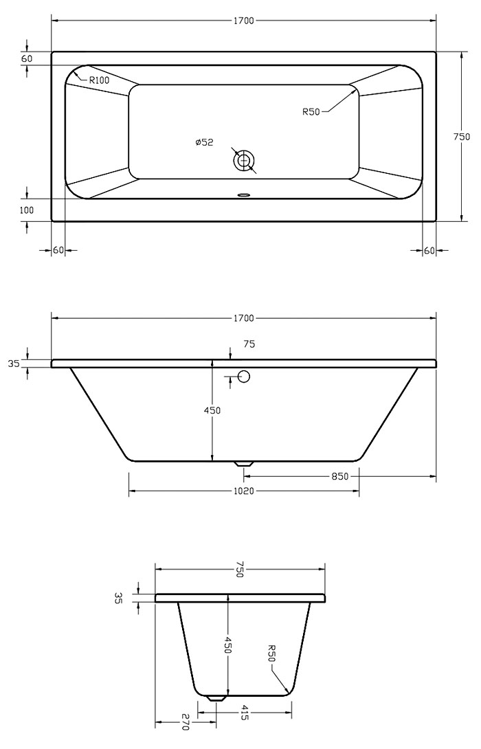 Vernwy 1700x750 Double Ended Bath Specification Drawing