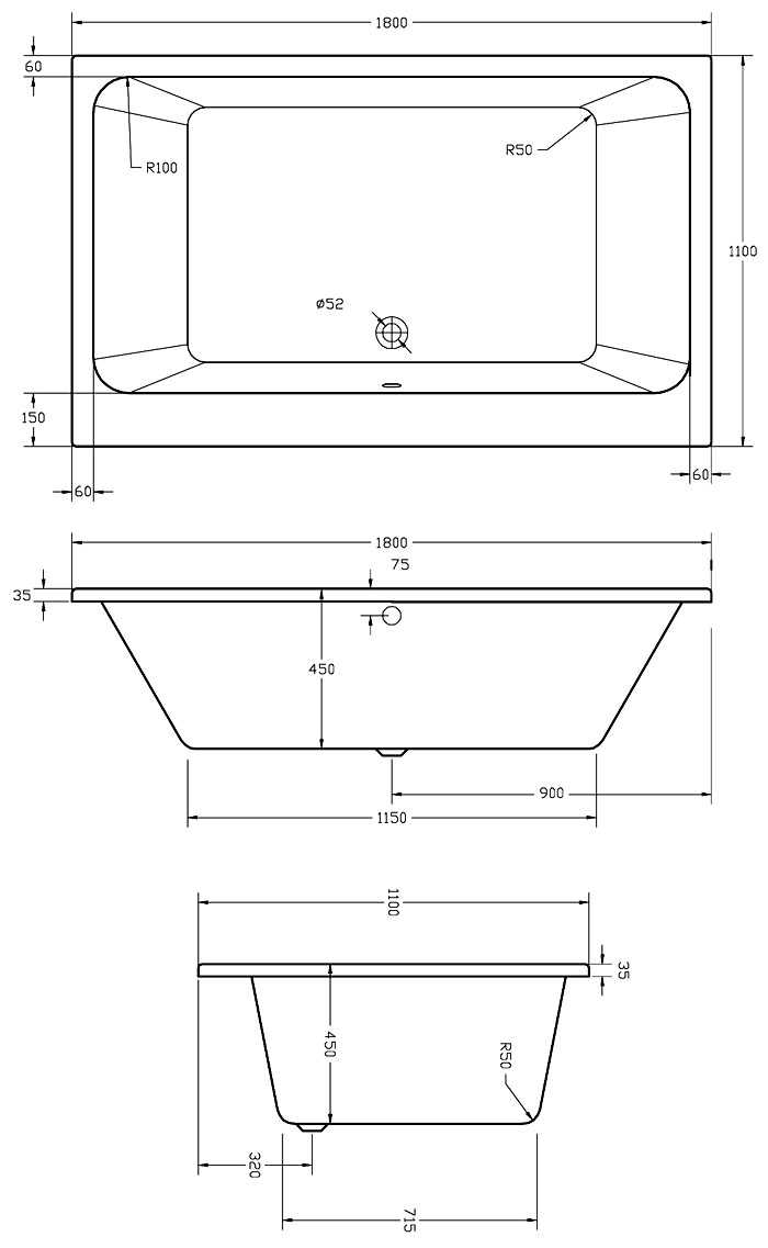 Vernwy 1800x1100 Jumbo Double Ended Bath Specification Drawing