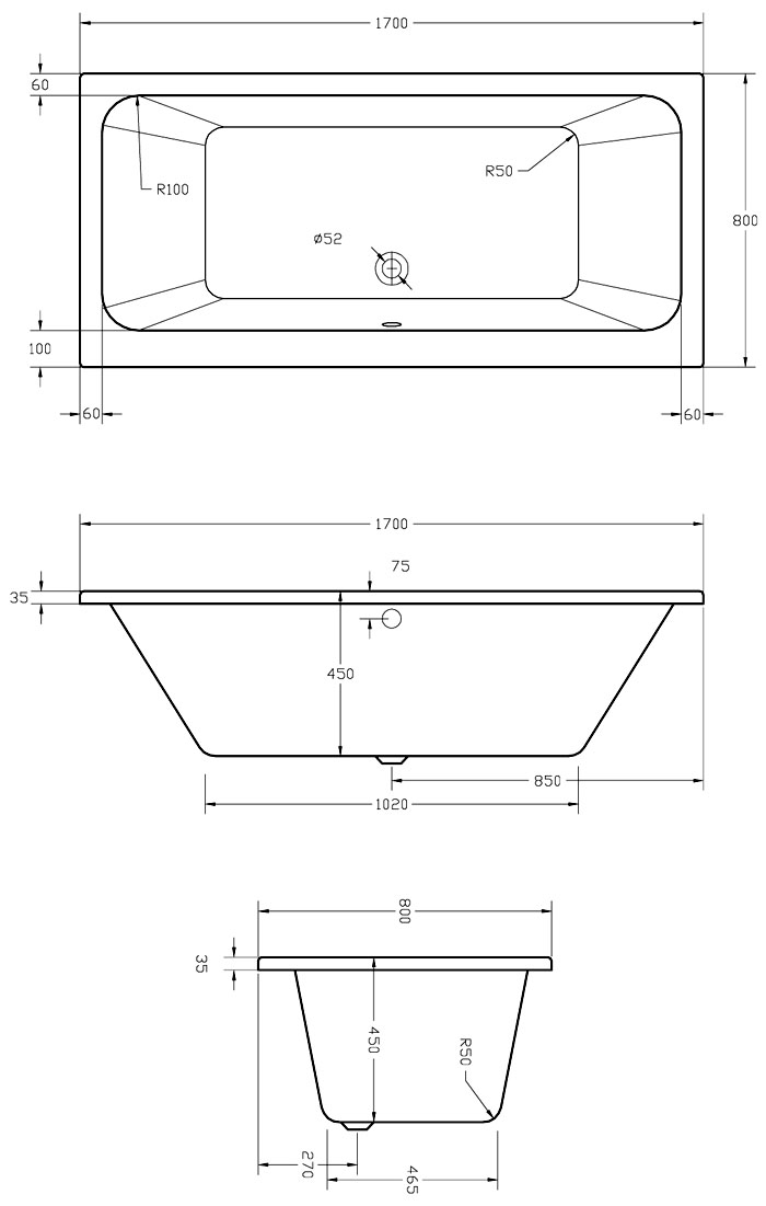 Vernwy 1700x800 Double Ended Bath Specification Drawing