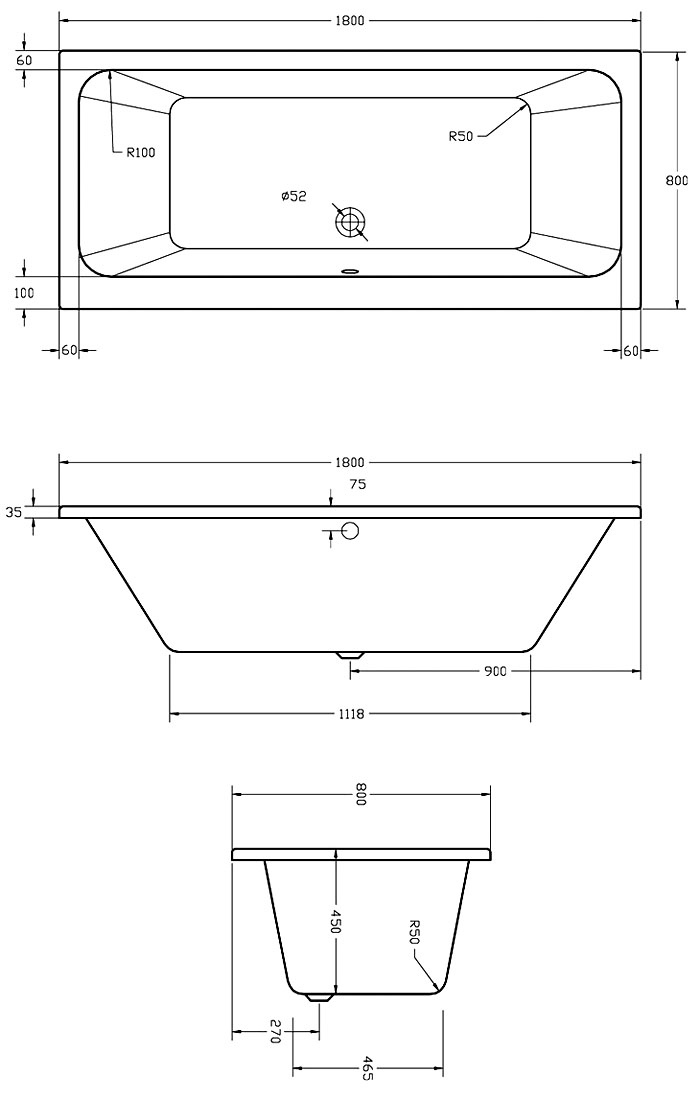 Vernwy 1800x800 Double Ended Bath Specification Drawing