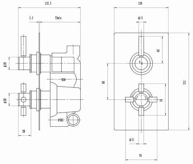 tec Pura Twin Concealed Thermostatic Shower Valve Specification Diagram