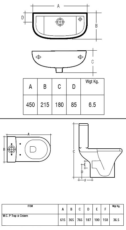 Slim Line Compact Cloakroom Suite Specification Diagram