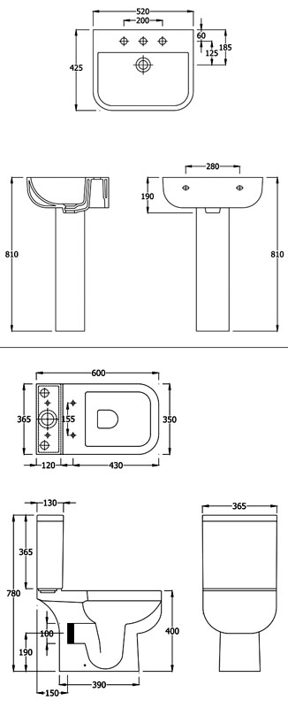 Series 600 4 Piece Bathroom Suite Specification Diagram