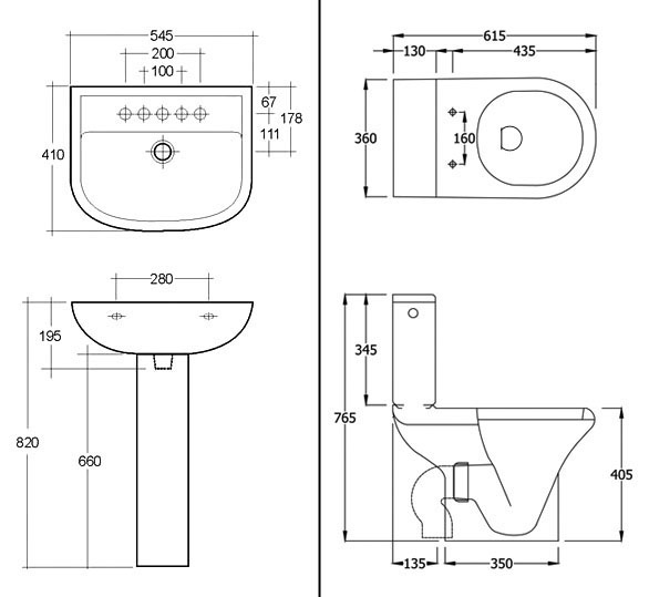 Compact 4 Piece Bathroom Suite Specification Drawing