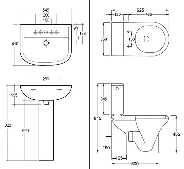 Line drawing of Compact Deluxe 4 Piece Bathroom Suite