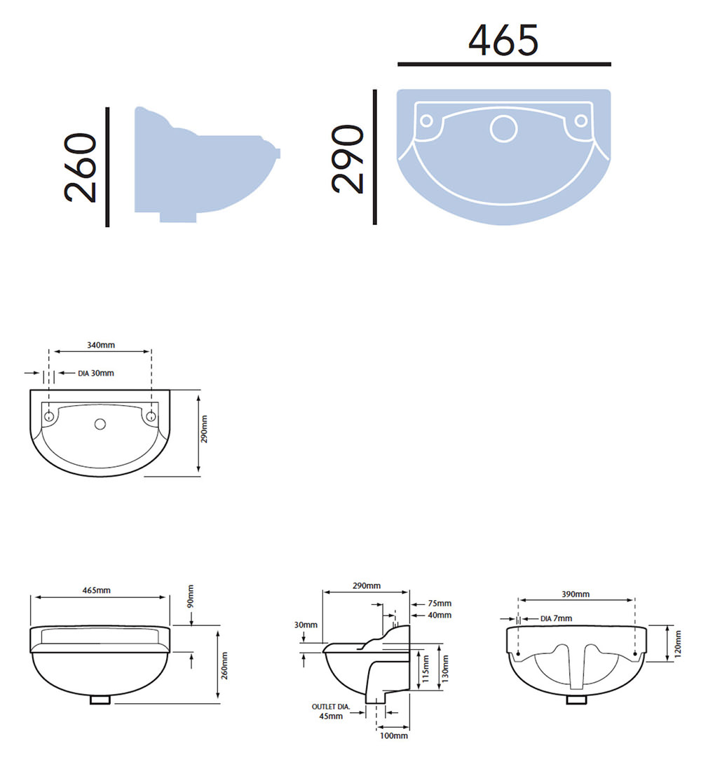 Dorchester White Basin Baby 2TH Specification Diagram