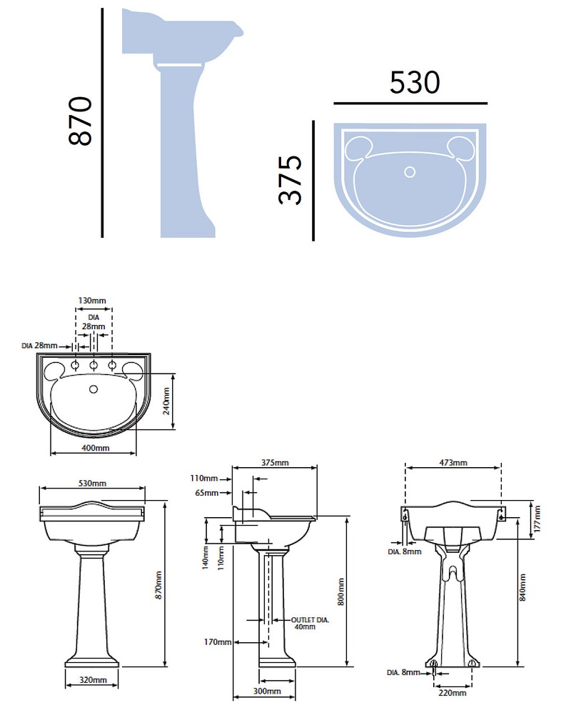 Dorchester White Cloakroom Basin With Pedestal Specification Diagram