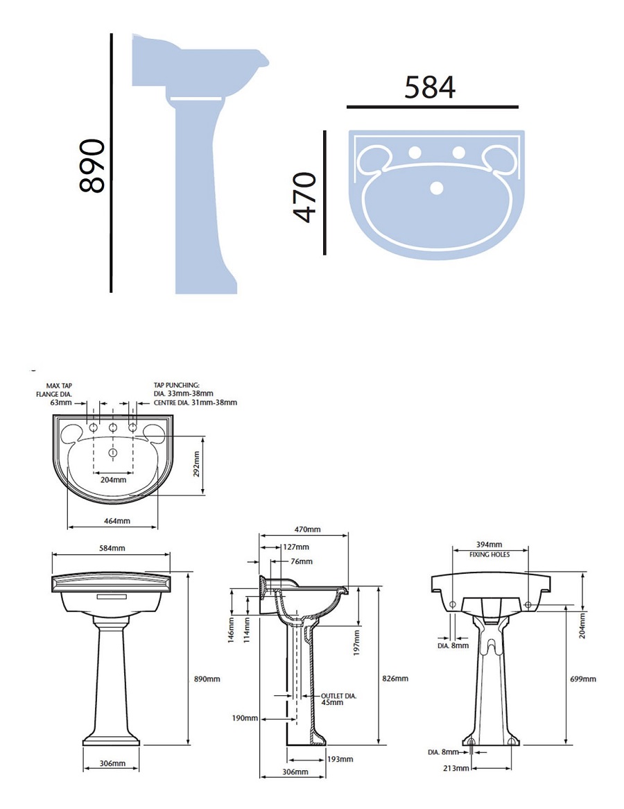 Dorchester White Medium Basin And Pedestal Specification Diagram