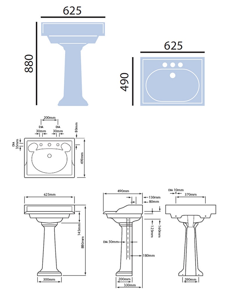 Dorchester White Square Basin And Pedestal Specification Diagram