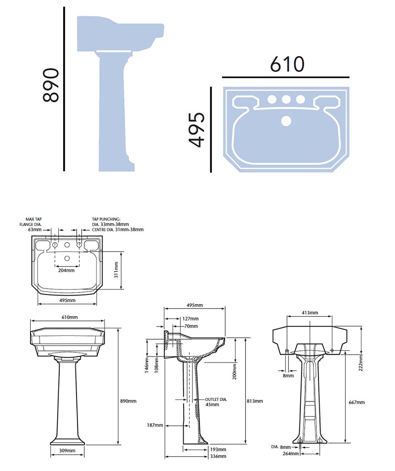 Granley White Basin Standard And Pedestal Specification Diagram