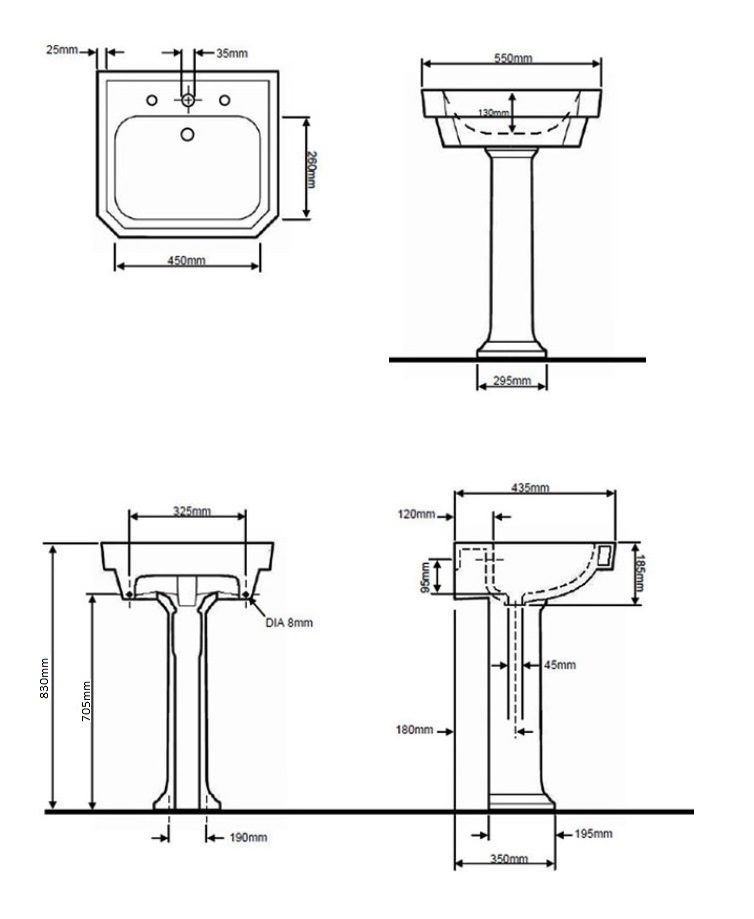 Granley Deco 55cm Basin 2TH And Pedestal Specification Diagram