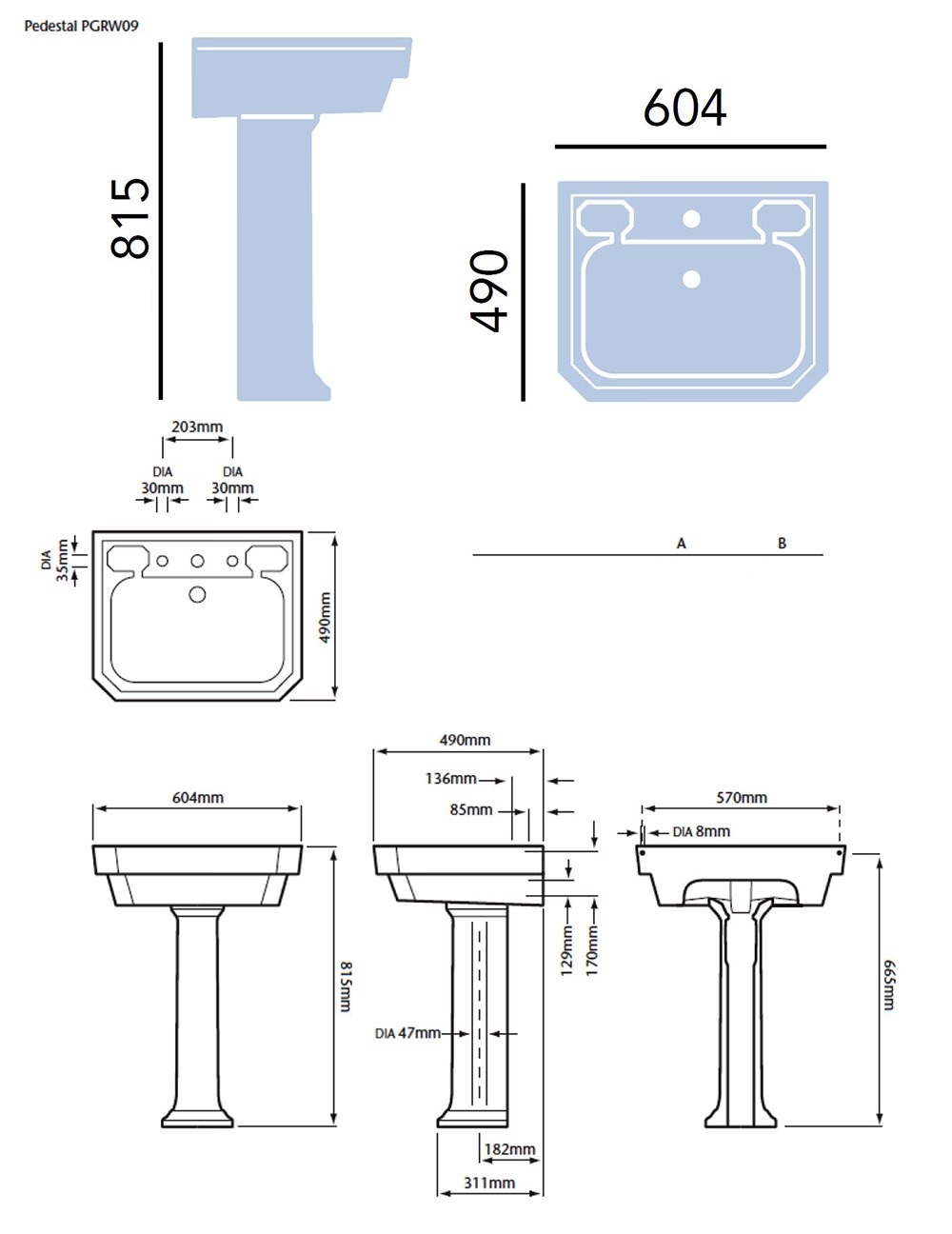 Granley Deco White Basin Standard 2TH And Pedestal Specification Diagram