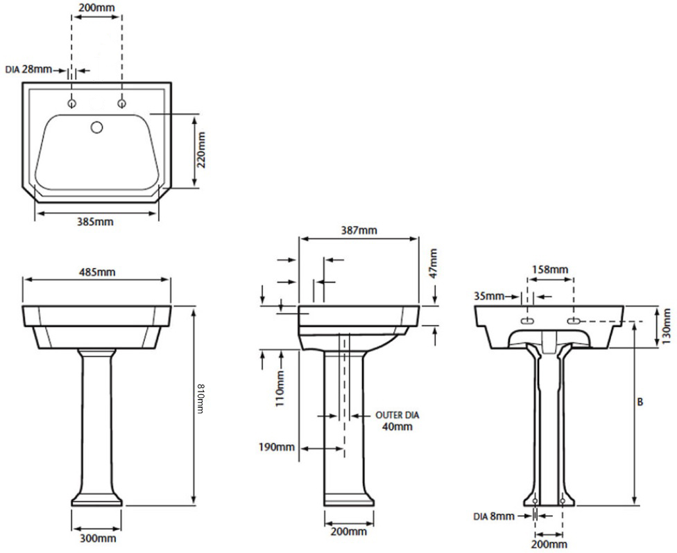 Granley Deco White Cloakroom Basin 2TH And Pedestal Specification Diagram