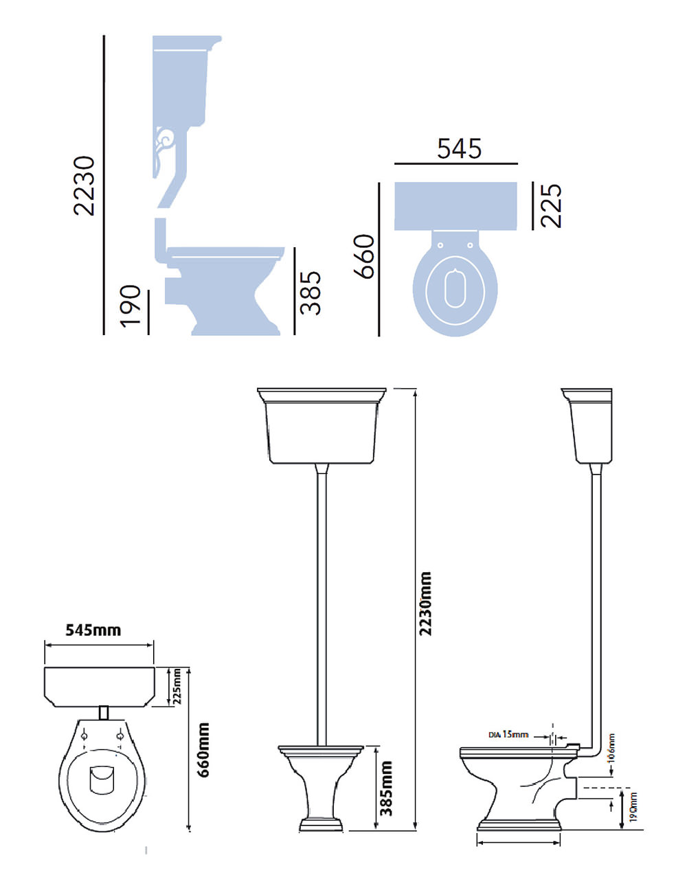 Dorchester Pan Low Level Toilet & Cistern Specification Diagram