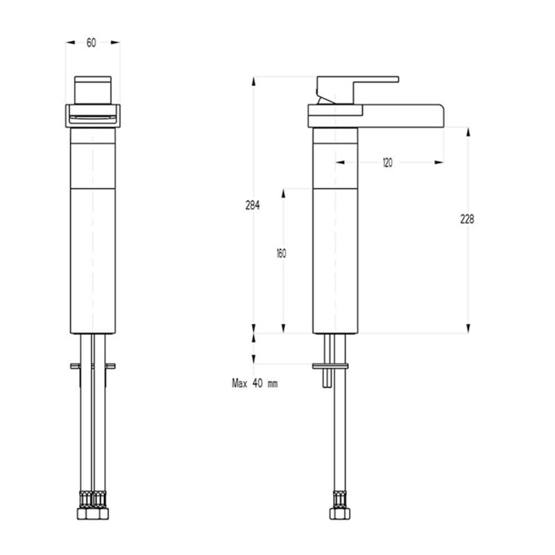 Water Sq Basin Tall Monobloc With No Pop-up Waste Specification Drawing