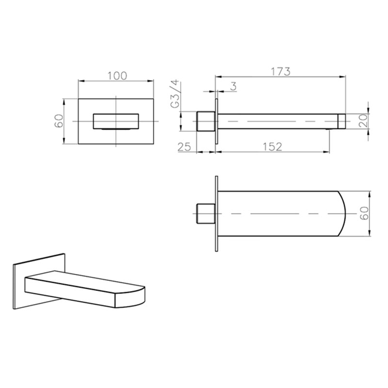 Wisp Wisp Bath Spout Wall Mounted Specification Drawing