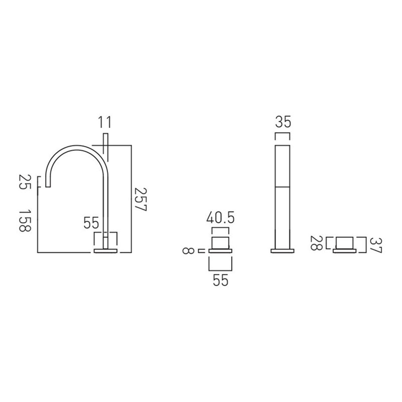 Line drawing of 3 Hole Basin Mixer Spout Can Swivel Or Be Fixed Deck Mounted