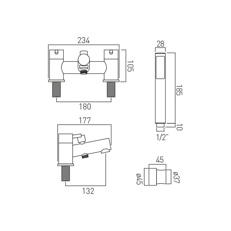 Zoo 2 Hole Bath Shower Mixer Specification Drawing