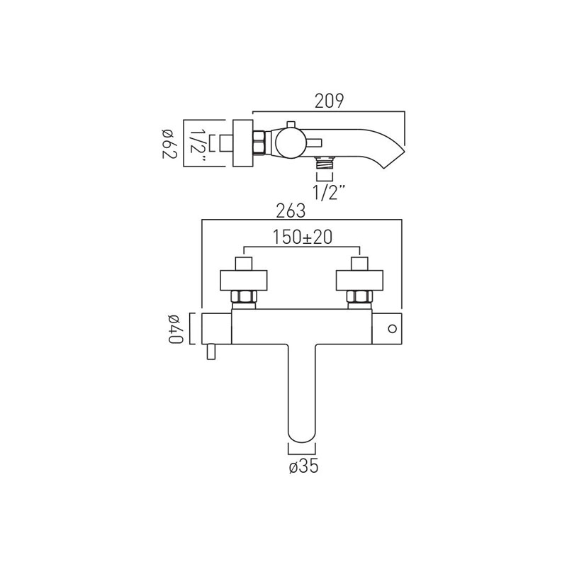 Celsius Exposed Thermostatic Bath Shower Mixer Wall Mounted Optional Shower Kit Specification Drawing