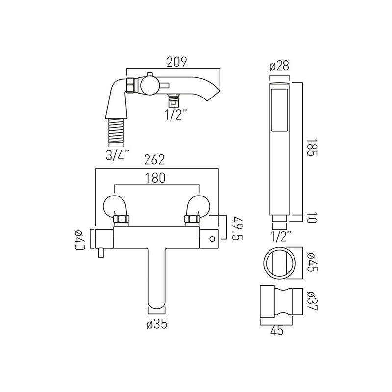 Cel Exposed Thermostatic Bath Shower Mixer Specification Drawing