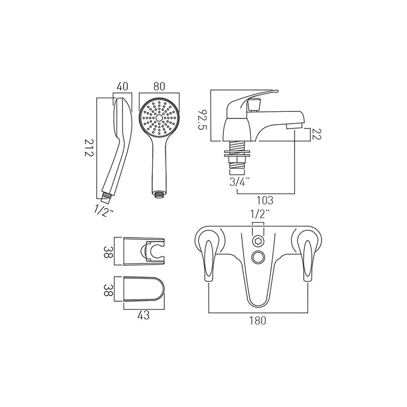 Matrix 2 Hole Bath Shower Mixer Specification Drawing