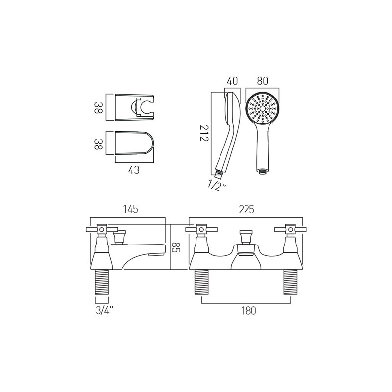 Vecta 2 Hole Bath Shower Mixer Specification Drawing