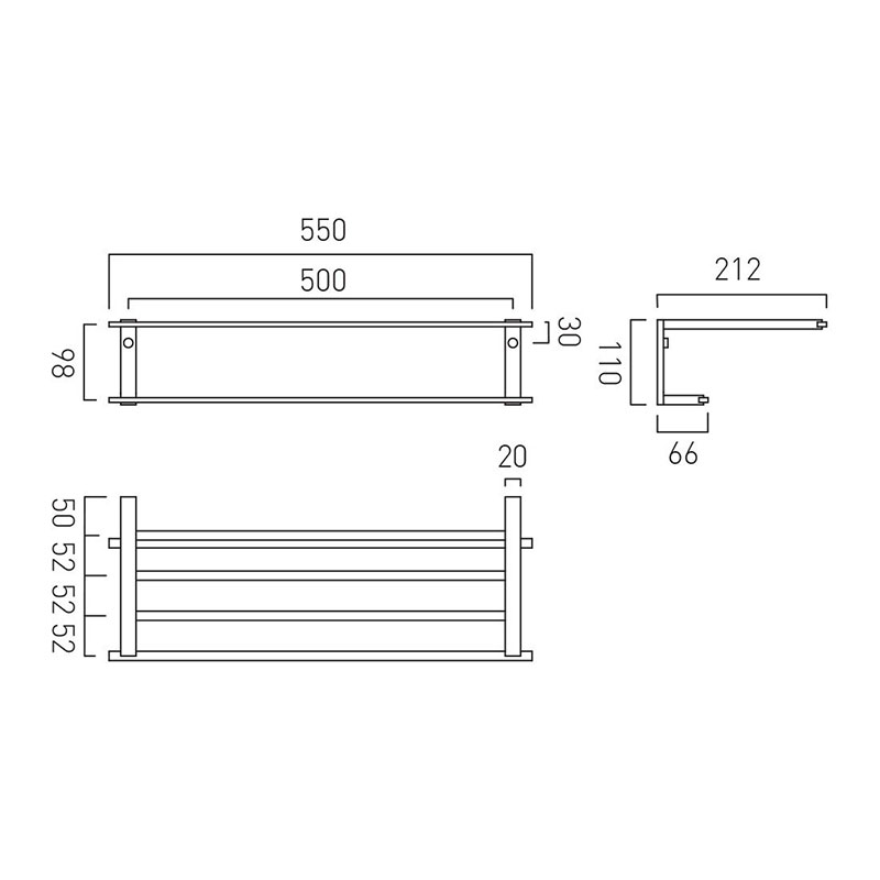 Line drawing of Towel Shelf With Towel Rail 550mm (22) Wall Mounted