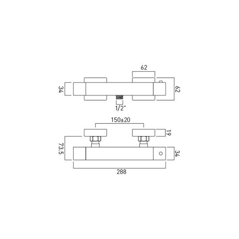 Line drawing of te Wall Mounted Exposed Thermostatic Shower Valve