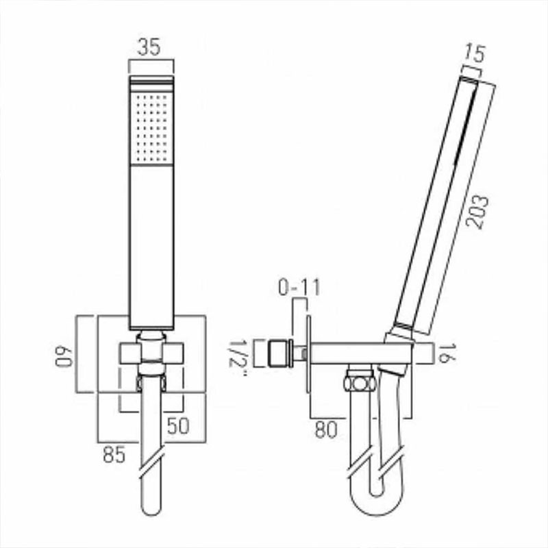 Line drawing of Instinct Single Function Mini Shower Kit With IntegratedOutlet And Bracket