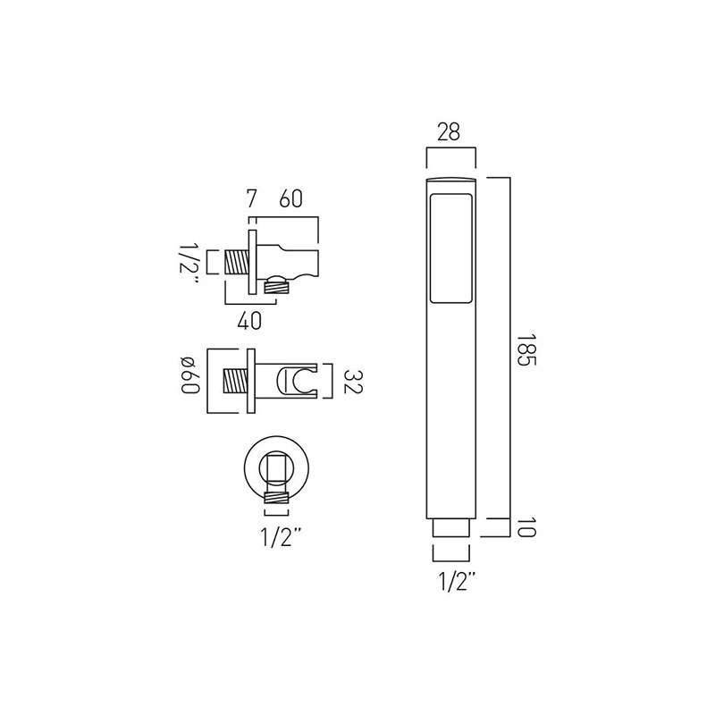 Line drawing of Zoo Single Function Mini Shower Kit With IntegratedOutlet And Bracket Wall Mounted