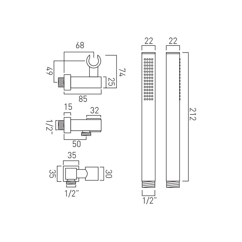 Mix Single Function Mini Shower Kit With IntegratedOutlet And Bracket Wall Mounted Specification Drawing