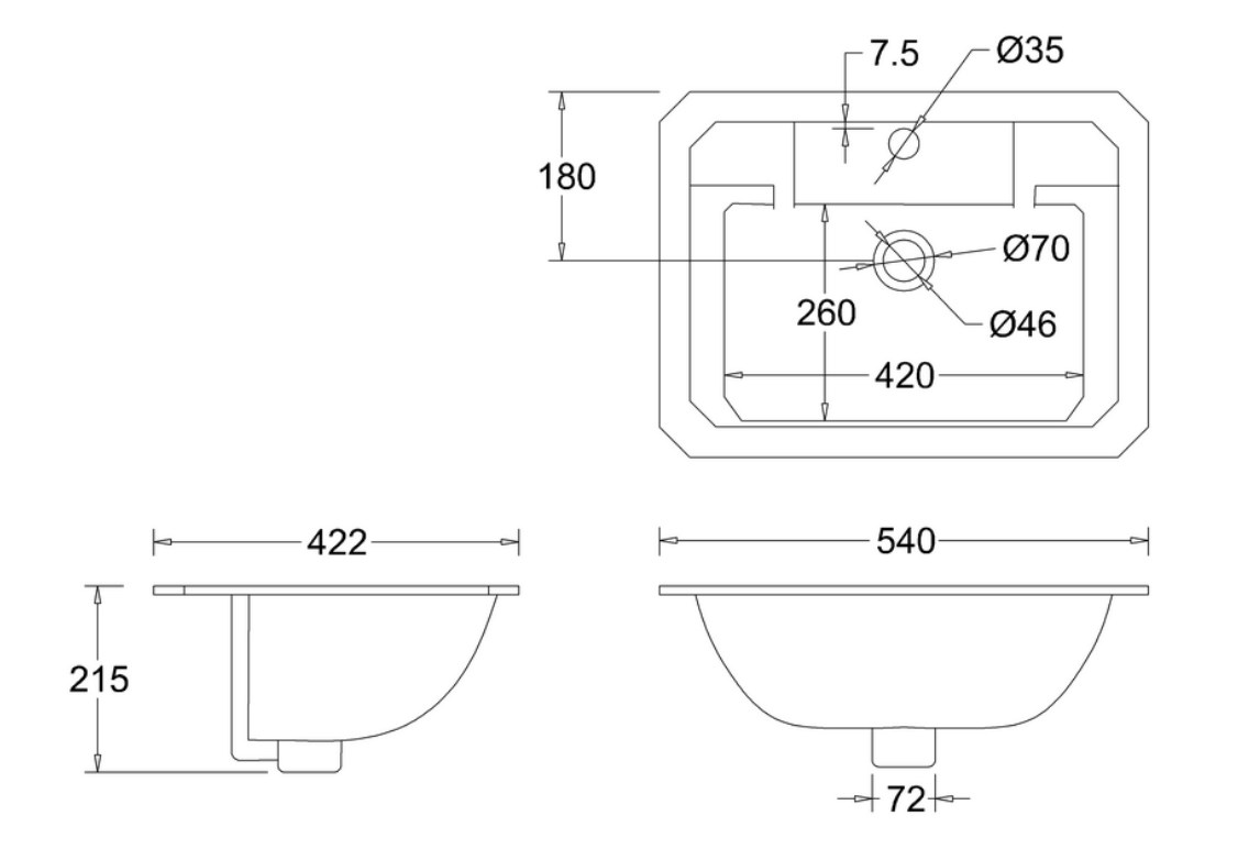 Fully Inset Vanity Basin 54cm Specification Diagram