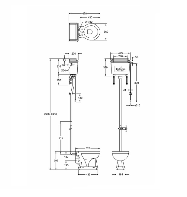 Black Aluminium High Level Toilet Specification Diagram