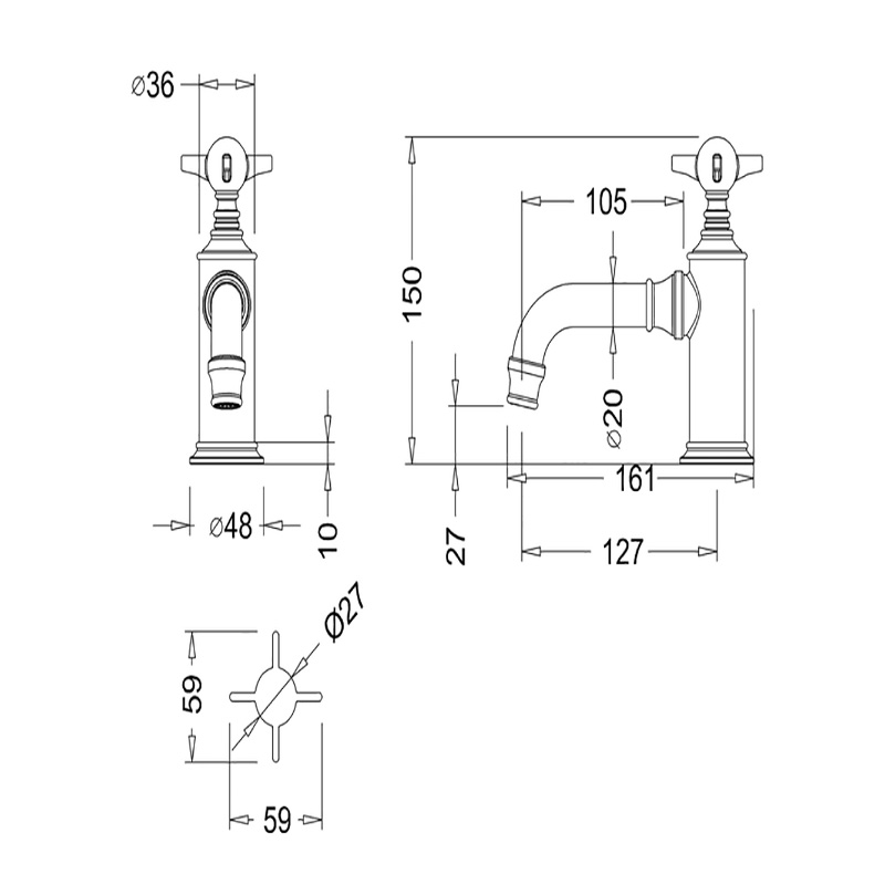 Arcade  Basin Pillar Taps Specification Diagram