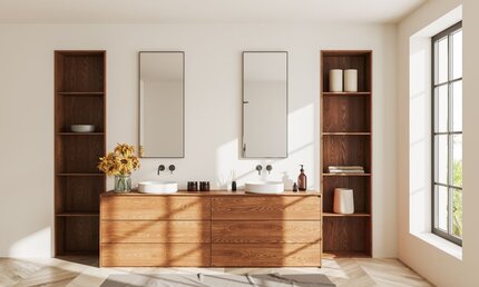 Wooden Double Vanity Units with Square Mirrors