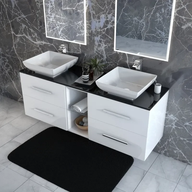 Glass top double bathroom cabinets and basin