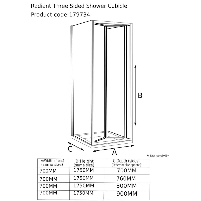 Tech Drawing of Radiant Reduced Height One Wall Shower 700 Bifold