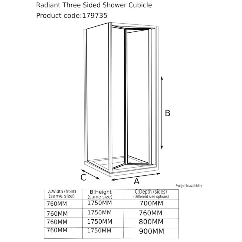 Tech Drawing of Radiant Reduced Height One Wall Shower 760 Bifold