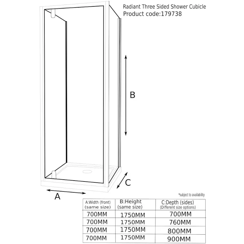 Tech Drawing of Radiant Reduced Height One Wall Shower 700 Pivot