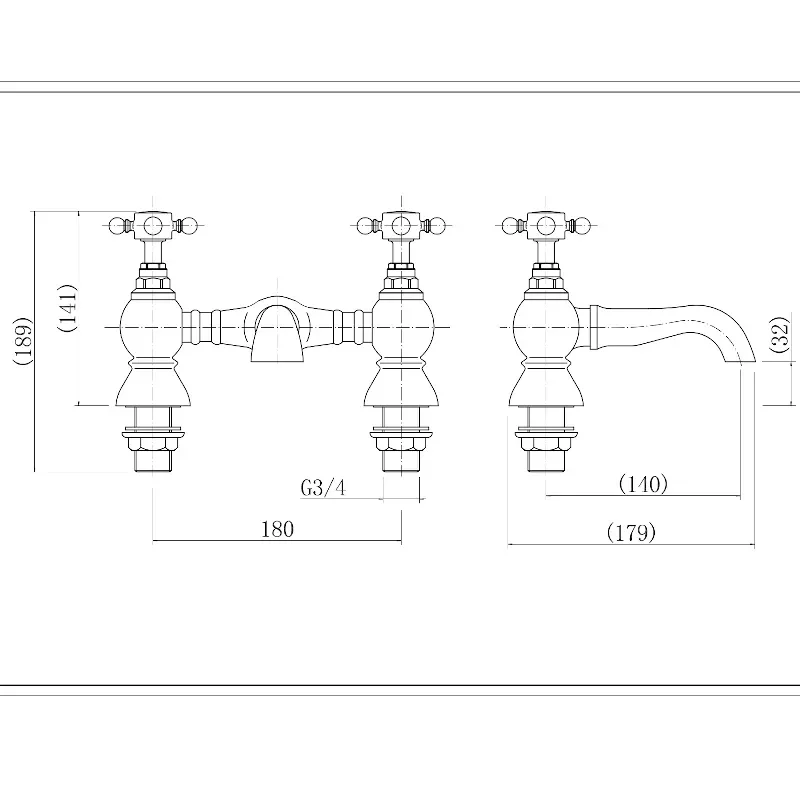 Technical line drawing showing dimensions of Chester Traditional Bath Filler Tap with Crosshead Handle