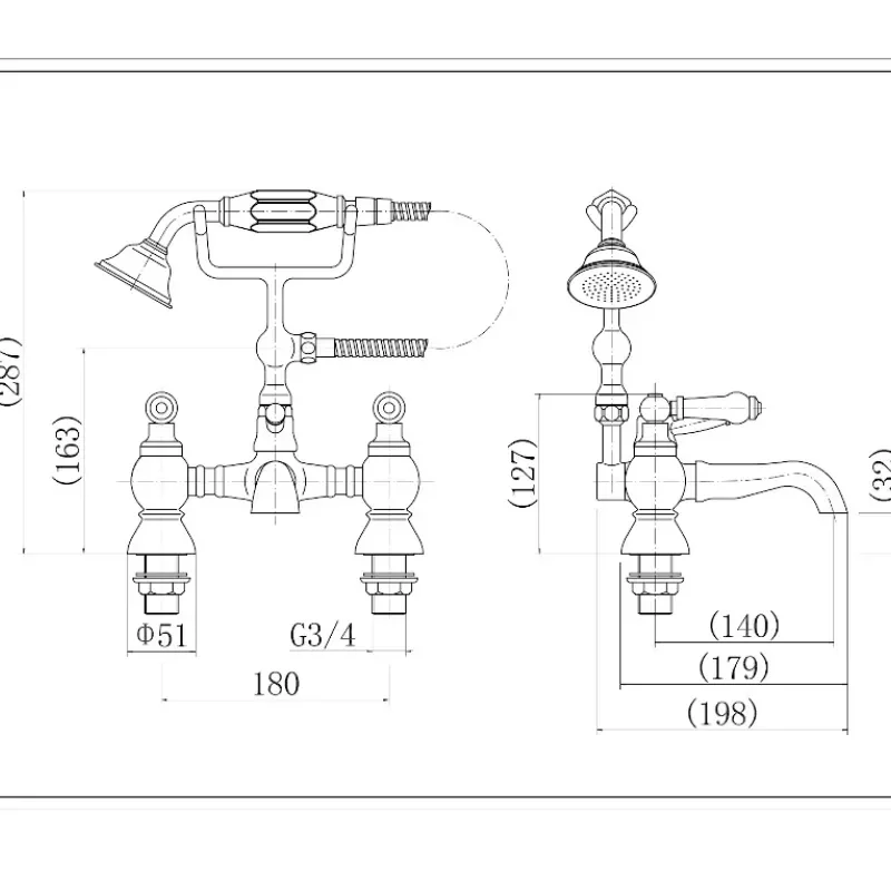 Technical line drawing showing dimensions of Clarice Traditional Bath Shower Mixer Tap with Shower Kit. Lever Handle