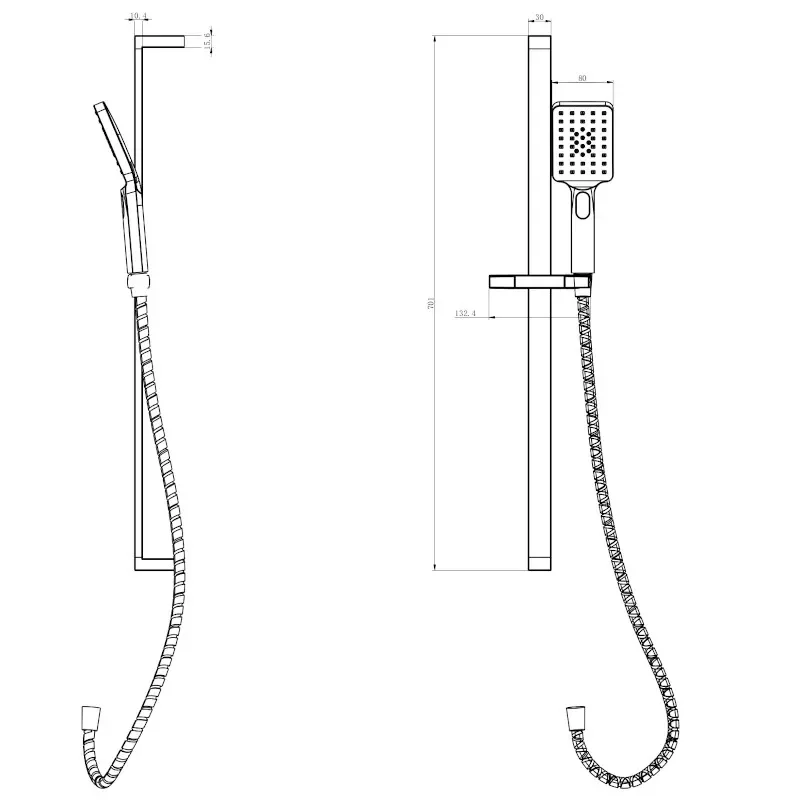 Technical line drawing showing dimensions of Ribble Square Shower Kit with Slide Rail Handset and Hose