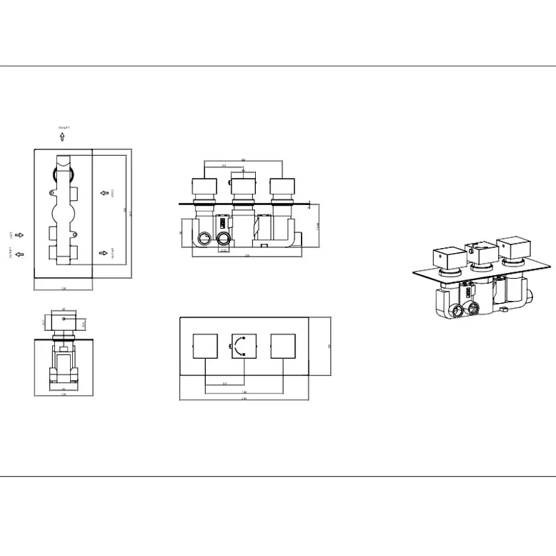 Technical line drawing showing dimensions of Ribble Square Shower Valve Triple 3 Outlet