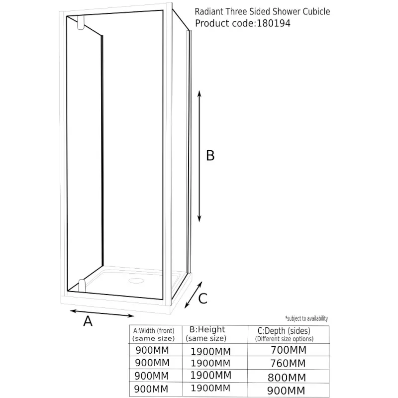 Tech Drawing of Radiant Deluxe One Wall Shower 900 Pivot