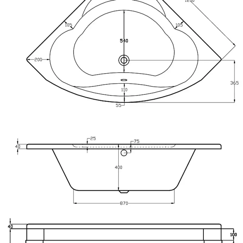 Diagram drawing of a white 1200 corner bath 