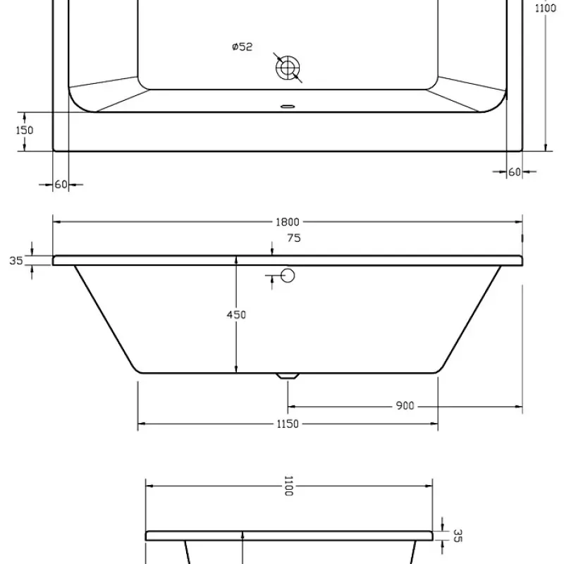 technical Image for Vernwy Large Whirlpool Bath Double Ended 1800mm x 1100mm