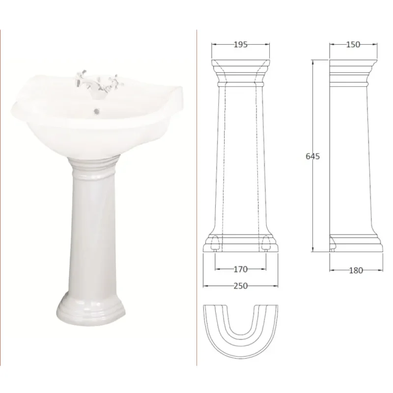 Juilet Suite Pedestal Line Drawing with Dimensions