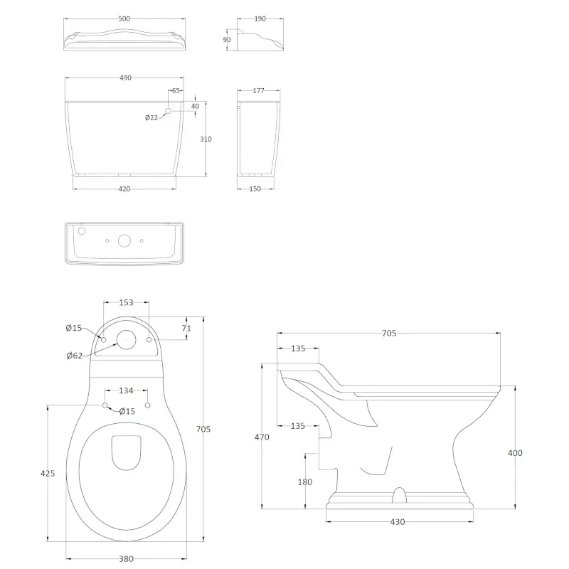 Juilet Suite Toilet Line Drawing with Dimensions